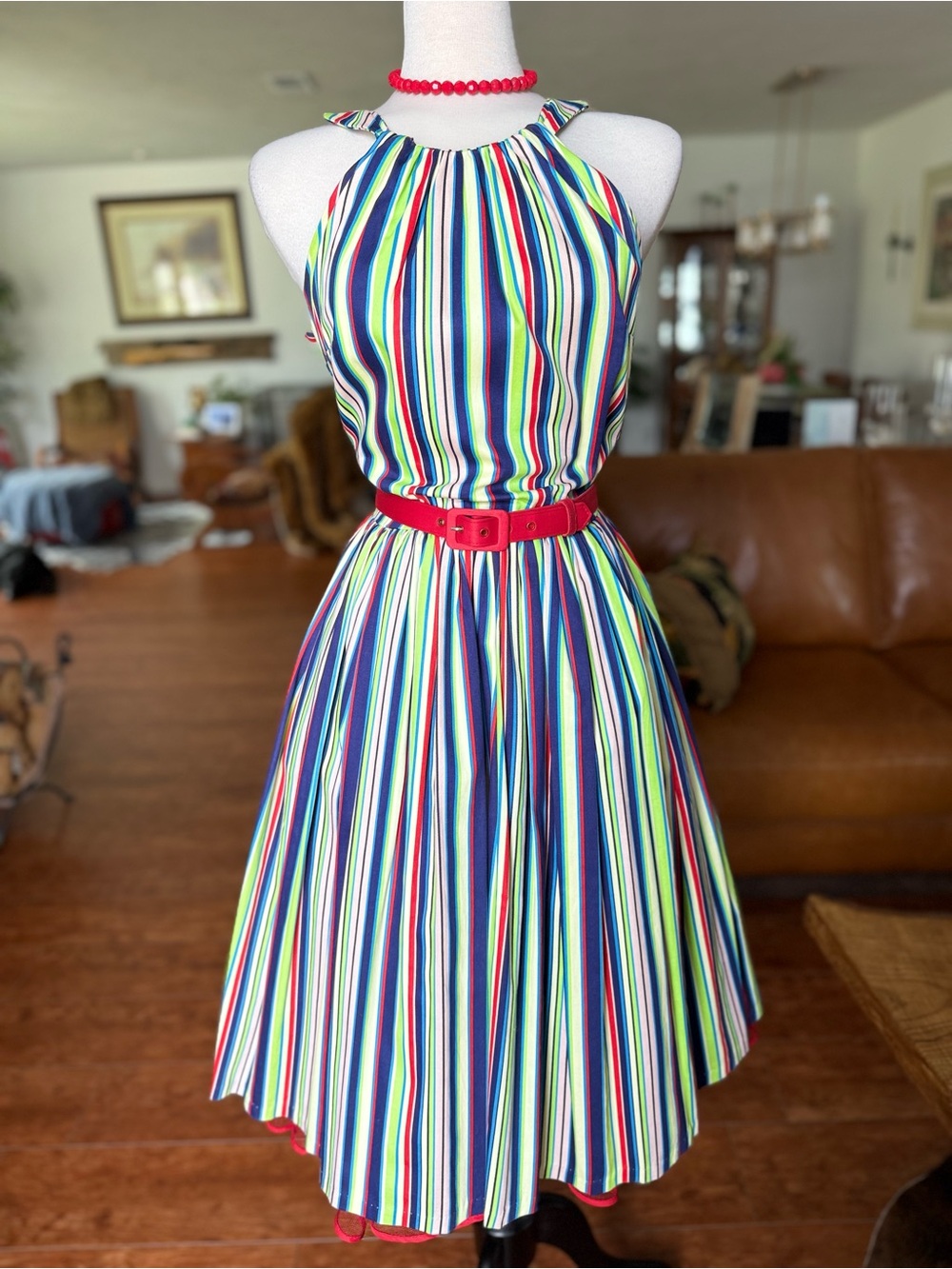 💋 Pinup Couture Harley Multicolor Striped Midi Dress with Red Belt